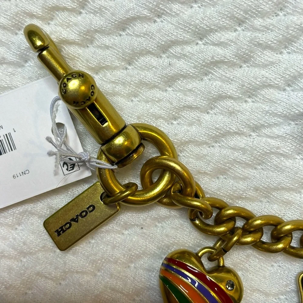 NWT Coach Motif Chain Bag Charm Rexy Tea Rose Cherries Heart Brass Mult…